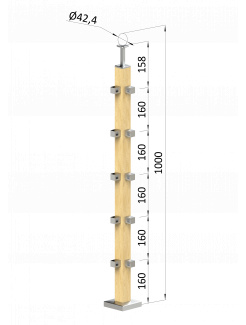 Drevený stĺp, vrchné kotvenie, 5 radový, rohový: 90°, vrch pevný (40x40mm), materiál: buk, brúsený povrch bez náteru