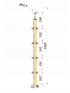 Drevený stĺp, vrchné kotvenie, 4 radový, rohový: 90°, vrch pevný (ø 42mm), materiál: buk, brúsený povrch s náterom BORI (bezfarebný)
