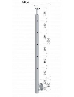 Nerezový stĺp, bočné kotvenie, 5 dierový priechodný, vrch pevný (ø 42.4x2mm), leštená nerez /AISI304