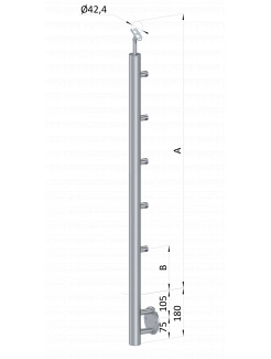 Nerezový stĺp, bočné kotvenie, 5 radový priechodný, vnútorný, vrch nastaviteľný, (ø 42.4x2mm), brúsená nerez K320 /AISI304