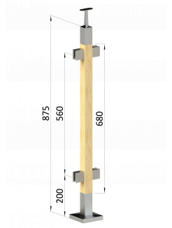 Drevený stĺp, vrchné kotvenie, výplň: sklo, priechodný, vrch pevný (40x40mm), materiál: buk, brúsený povrch bez náteru