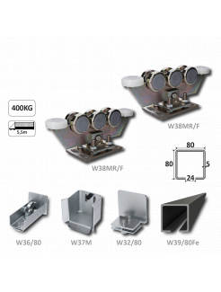 Samonosný systém 80x80x5mm posuvnej brány do 400kg/5,5m otvor (W39/80Fe 6m čierný profil, 2x W38MR/F, 1x W36/80, 1x W37/M, 1x W32/80)
