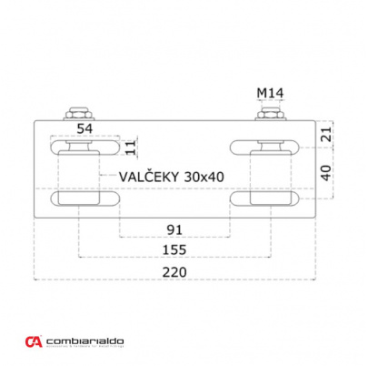 Nerezové horné vedenie brány so 4 vodiacimi kolieskami (30x40mm / M14), nerez /AISI304