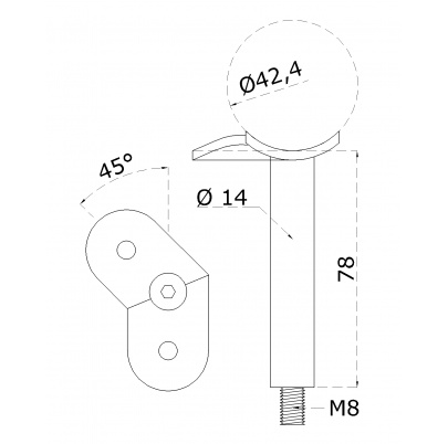 Držiak madla ø42.4mm, 45° uhol, M8, brúsená AISI304