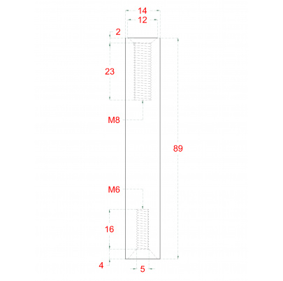 Čap (vnútorný závit M8x25mm / vnútorný závit M6, ø 14mm, L: 89mm), brúsená nerez K320 /AISI304