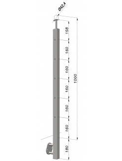 Nerezový stĺp, bočné kotvenie, 5 dierový koncový, ľavý, vrch pevný (40x40mm), brúsená nerez K320 /AISI304