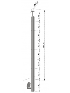 Nerezový stĺp, bočné kotvenie, 6 dierový koncový, ľavý, vrch pevný (40x40mm), brúsená nerez K320 /AISI304