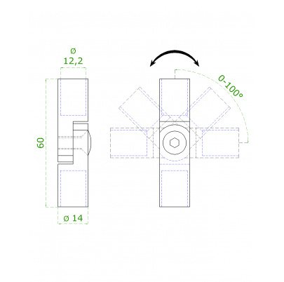 Spoj nastaviteľný ø 12mm (0-100°) s kĺbom, leštená nerez /AISI304