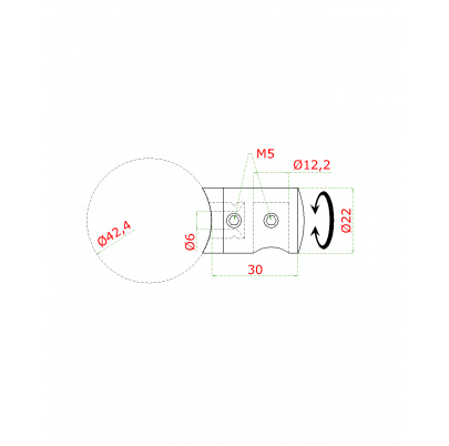 Držiak tyče ø 12mm (koncový-pravý) na trubku ø 42.4mm (30x22mm), leštená nerez /AISI304