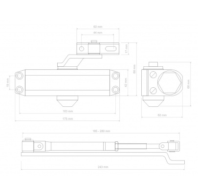 Hydraulický zatvárač, max dvere 900mm a 60kg, Al, šedý