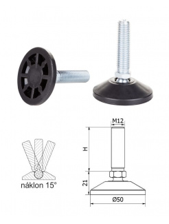 ø-50mm, M12x60mm, H-100mm, čierna, kĺbová plastová nivelačná nožička, závitovo-nastavitelná.