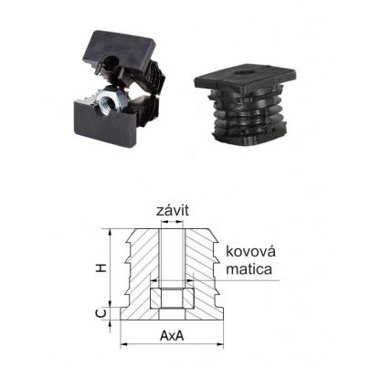 M8,A-30mm,H-30mm,C-5mm,čierna, Hrúbka steny 1.2-2mm, Plastová vystužená štvorcovo-rúrková zátka s kovovou maticou PE