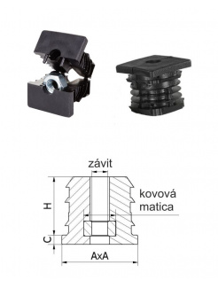 M8,A-40mm,H-30mm,C-5mm,čierna, Hrúbka steny 1.5-2mm, Plastová vystužená štvorcovo-rúrková zátka s kovovou maticou PE