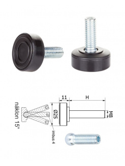 ø-25mm, M8x20mm, H-20mm, čierna,Kĺbová plastová nivelačná nožička, závitovo-nastavitelná.