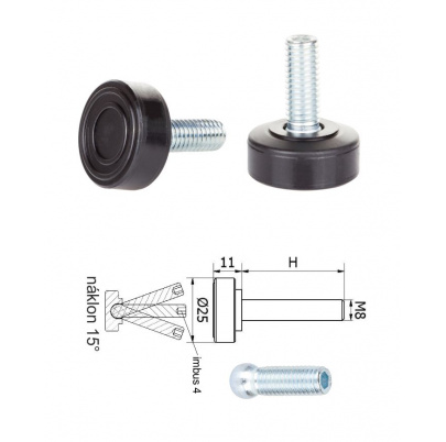 ø-25mm, M8x20mm, H-20mm, čierna,Kĺbová plastová nivelačná nožička, závitovo-nastavitelná.