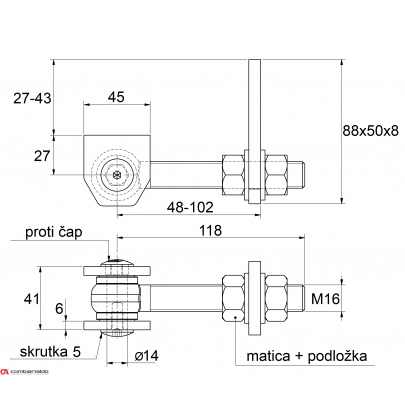 Combi Arialdo navárací záves M16, otvárateľný 180°, nastaviteľný 2D, čiastočne pozinkovaný