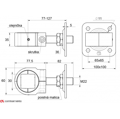 Záves nastaviteľný M22 na upnutie štvorhranu 30x30mm, platňa 100x100mm