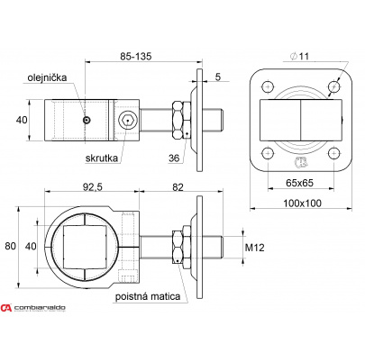 Záves nastaviteľný M22 na upnutie štvorhranu 40x40mm, platňa 100x100mm