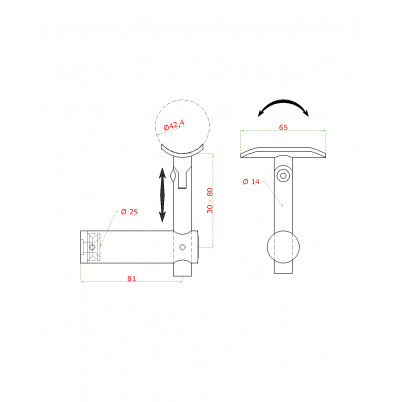 Držiak madla ø42.4mm s kĺbom, brúsená nerez AISI304
