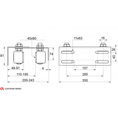 Platňa Combi Arialdo, 4 vodiace nylon. kolieska 40x60mm, M16