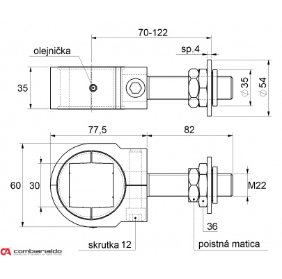 Záves nastaviteľný M22 na upnutie štvorhranu 30x30mm