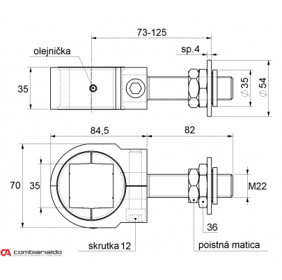 Záves nastaviteľný M22 na upnutie štvorhranu 35x35mm