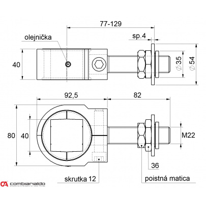 Záves nastaviteľný M22 na upnutie štvorhranu 40x40mm