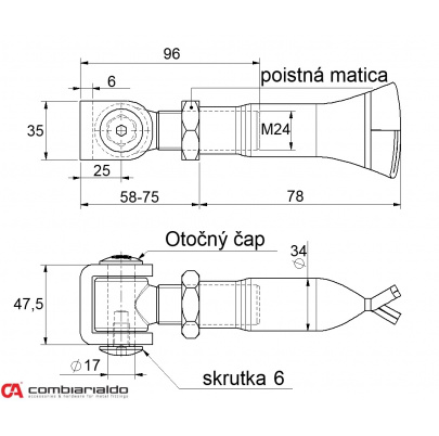 Combi Arialdo záves M24 na chemickú kotvu, otvárateľný 90°, nastaviteľný 1D s kontramaticou, čiastočne pozinkovaný