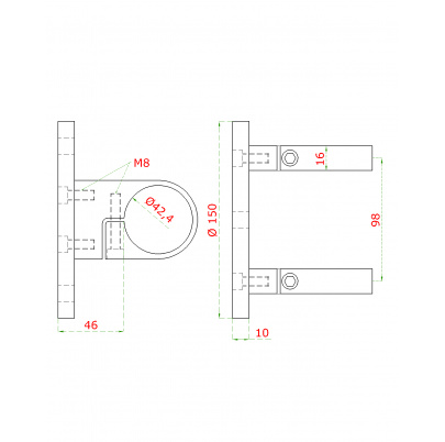 Úchyt na bočné kotvenie stĺpu ø 42.4mm, (kotviaca platňa ø 150 /10mm), brúsená nerez K320 /AISI304