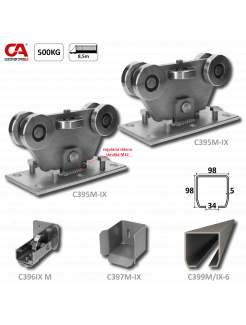 MEDIO-Klasik nerezový samonosný systém 98x98x5mm pre posuvné brány do 500kg/8,5m otvor (C399M-IX 1x6m nerezový profil, C395M/IX 2ks, C397M-IX 1ks, C396M-IX 1 ks), nerez AISI304 bez povrch. úpravy