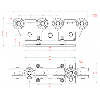 Vozík pre C-profil 80x80x5mm výškovo nastaviteľný, 10x oceľové koliesko s ložiskom 6204ZZ, galvanické zinkovanie