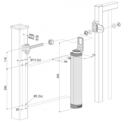 LOCINOX® RHINO hydraulický zatvárač otvárateľný 180°, na priamu montáž na pánty so závitom M16 a M20