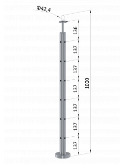 Nerezový stĺp, vrchné kotvenie, 6 dierový, rohový: 90°, vrch pevný (ø 42.4x2mm), brúsená nerez K320 /AISI304