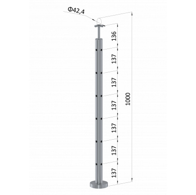 Nerezový stĺp, vrchné kotvenie, 6-dierový rohový: 90°