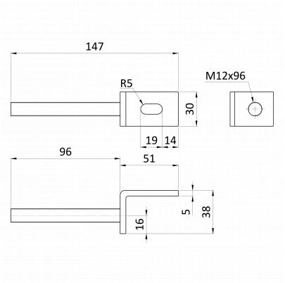Kotvenie na plotové dielce, M12, tvar L, dĺžka 150mm, šírka 30, výška 37, dĺžka 5, žltý pozink