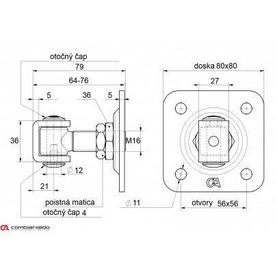 COMBI ARIALDO záves M16 s platňou 80 x 80 mm, otvárateľný 90°, nastaviteľný 1D, čiastočne pozinkovaný