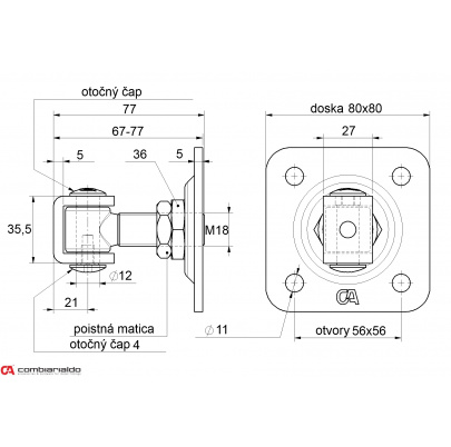 COMBI ARIALDO záves M18 s platňou 80 x 80 mm, otvárateľný 90°, nastaviteľný 1D, čiastočne pozinkovaný