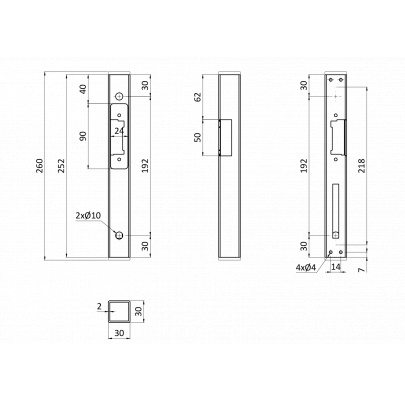 Set - dorazová kazeta pravá/lavá EZK310 (260x30x30 mm) + elektrický zámok EZ332 s lištou vhodná na rozteč zámku 90mm aj 72mm