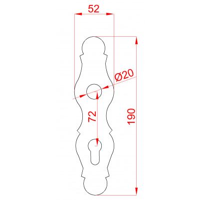 štít s otvormi 210x52x3mm, rozteč 72mm, otvor na kľučku ø20 mm