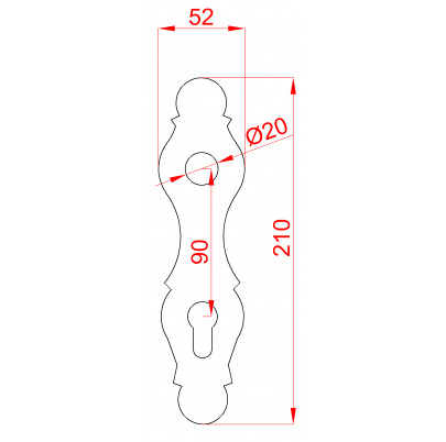 štít s otvormi 210x52x3mm, rozteč 90mm, otvor na kľučku ø20 mm