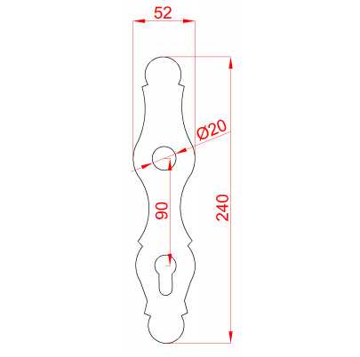 štít kovaný 240x52x3 mm, rozteč 90mm, otvor na kľučku ø20 mm
