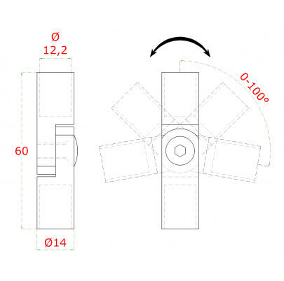 Spoj nastaviteľný ø 12 mm (0-100°) s kĺbom, brúsená nerez K320 /AISI304