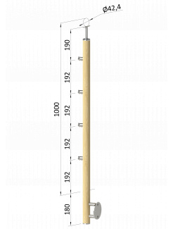 Drevený stĺp, bočné kotvenie, 4 radový, priechodný, vonkajší, vrch pevný (ø 42mm), materiál: buk, brúsený povrch bez náteru