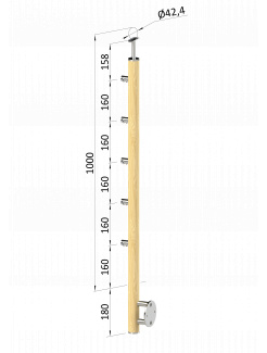 Drevený stĺp, bočné kotvenie, 5 radový, priechodný, vonkajší, vrch pevný (ø 42mm), materiál: buk, brúsený povrch bez náteru