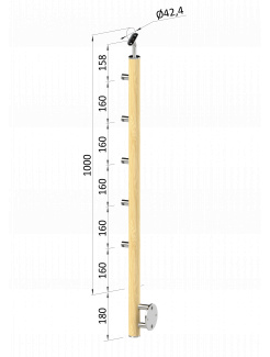 Drevený stĺp, bočné kotvenie, 5 radový, priechodný, vonkajší, vrch nastaviteľný (ø 42mm), materiál: buk, brúsený povrch bez náteru