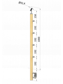 Drevený stĺp, bočné kotvenie, 4 radový, priechodný, vnútorný, vrch nastaviteľný (ø 42mm), materiál: buk, brúsený povrch bez náteru
