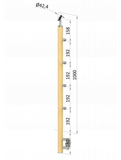 Drevený stĺp, bočné kotvenie, 4 radový, priechodný, vnútorný, vrch nastaviteľný (ø 42mm), materiál: buk, brúsený povrch s náterom BORI (bezfarebný)