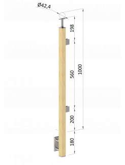 Drevený stĺp, bočné kotvenie, výplň: sklo, koncový, pravý, vrch pevný (40x40mm), materiál: buk, brúsený povrch s náterom BORI (bezfarebný)