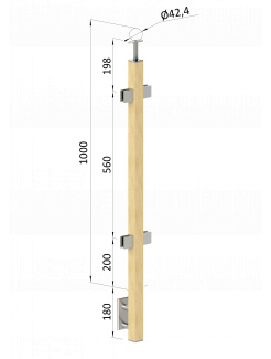 Drevený stĺp, bočné kotvenie, výplň: sklo, priechodný, vrch pevný (40x40mm), materiál: buk, brúsený povrch s náterom BORI (bezfarebný)