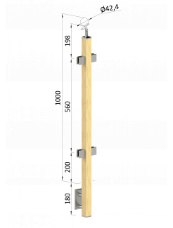 Drevený stĺp, bočné kotvenie, výplň: sklo, priechodný, vrch nastaviteľný (40x40mm), materiál: buk, brúsený povrch s náterom BORI (bezfarebný)